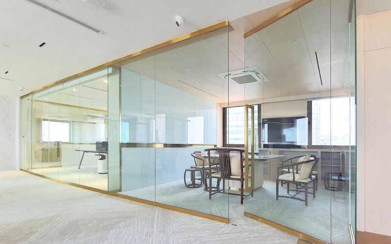 Glass Partition with Gold Capping for Offices